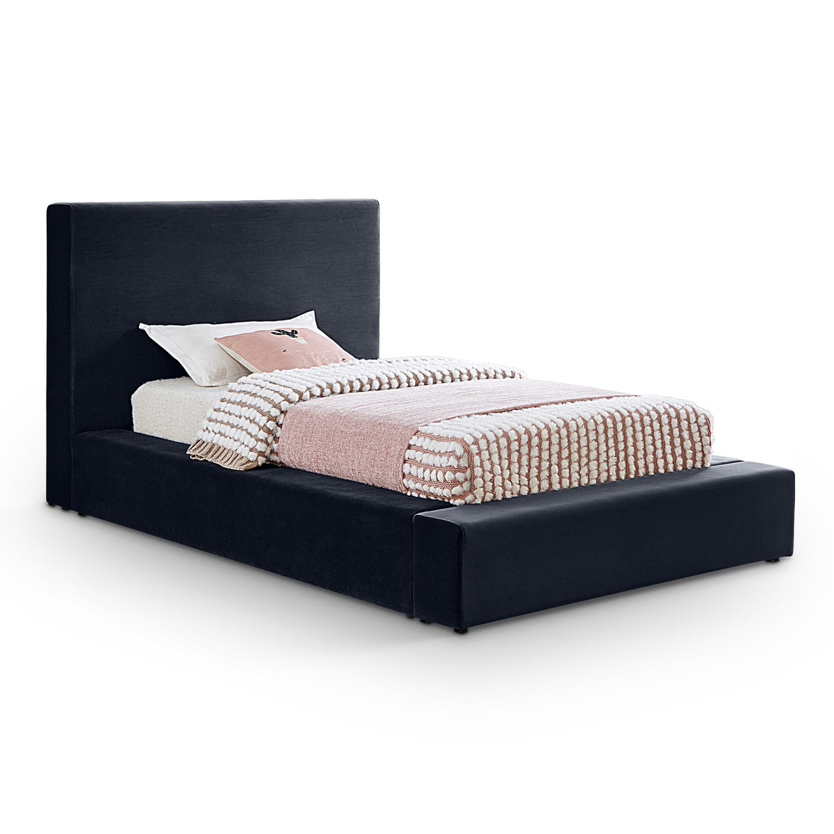 Dorian Navy Velvet Upholstered Bed in plush navy velvet, primary product view