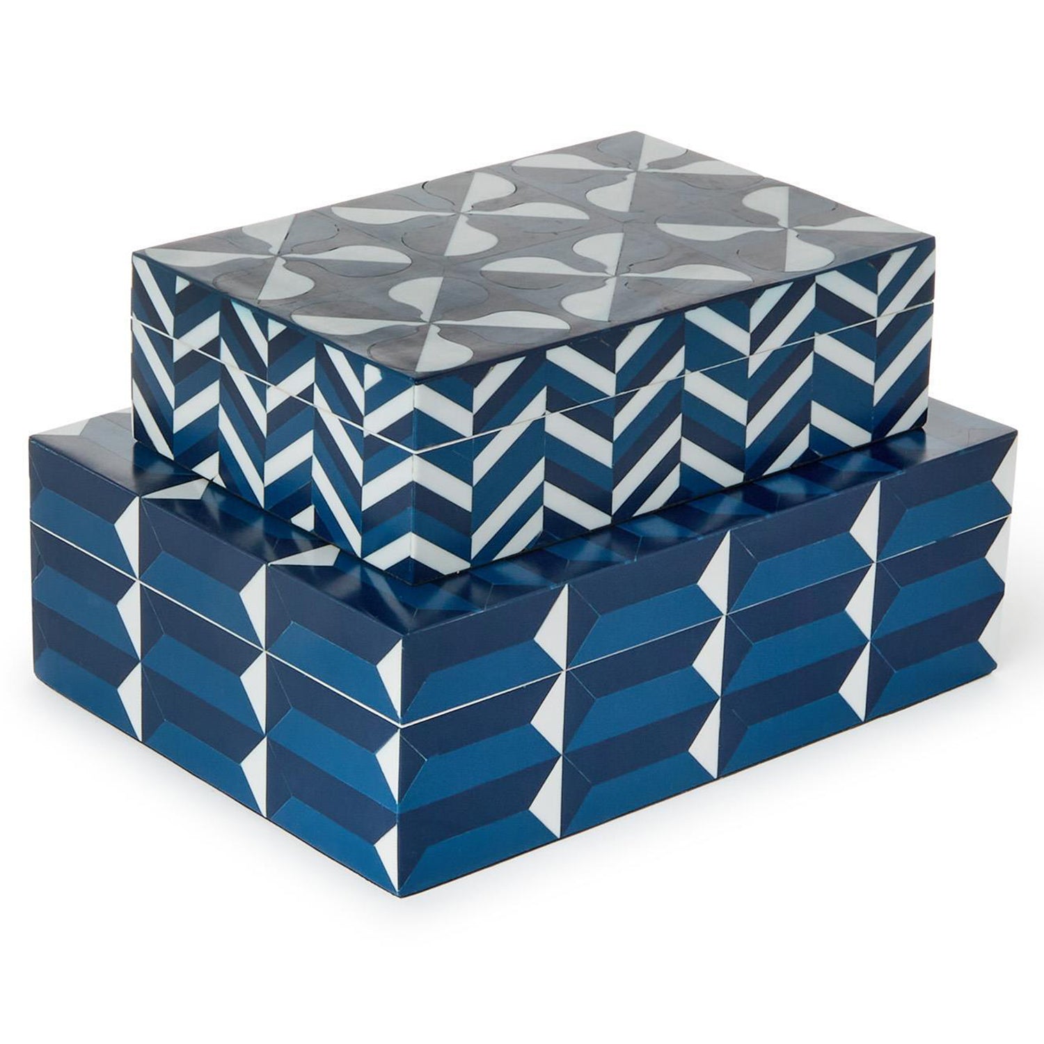 Cobalt Blue Covered Box with Inlaid Geometric Design Set of 2