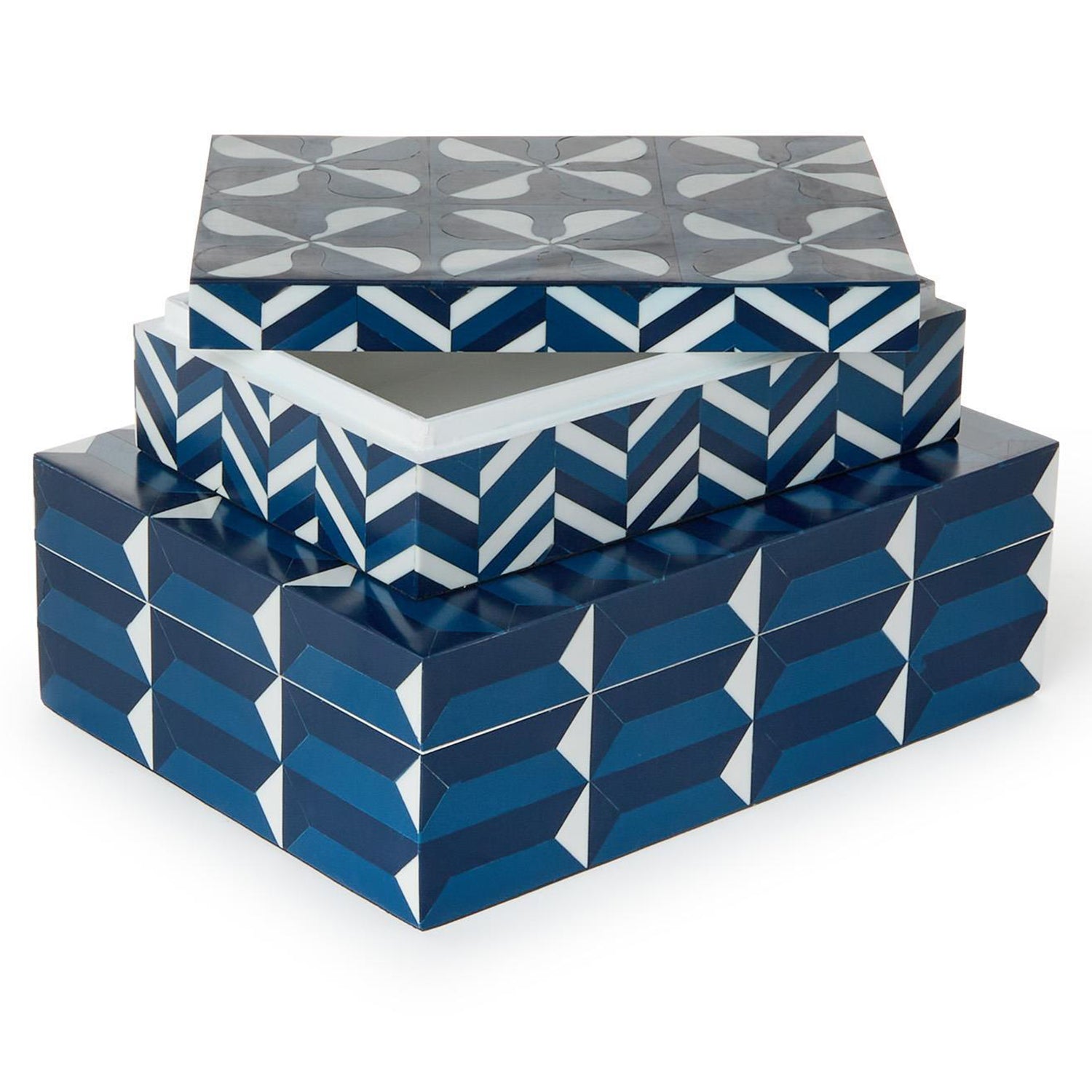 Cobalt Blue Covered Box with Inlaid Geometric Design Set of 2