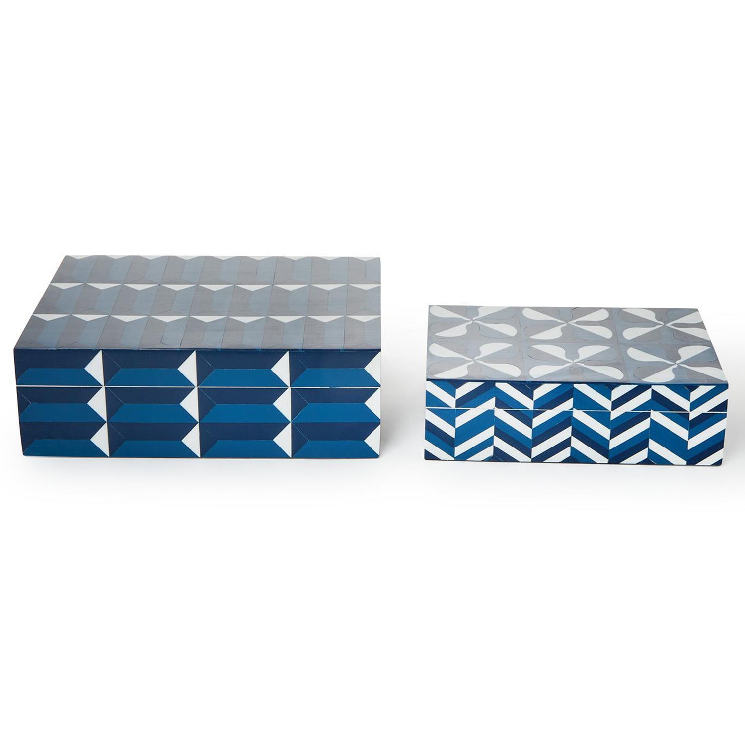 Cobalt Blue Covered Box with Inlaid Geometric Design Set of 2