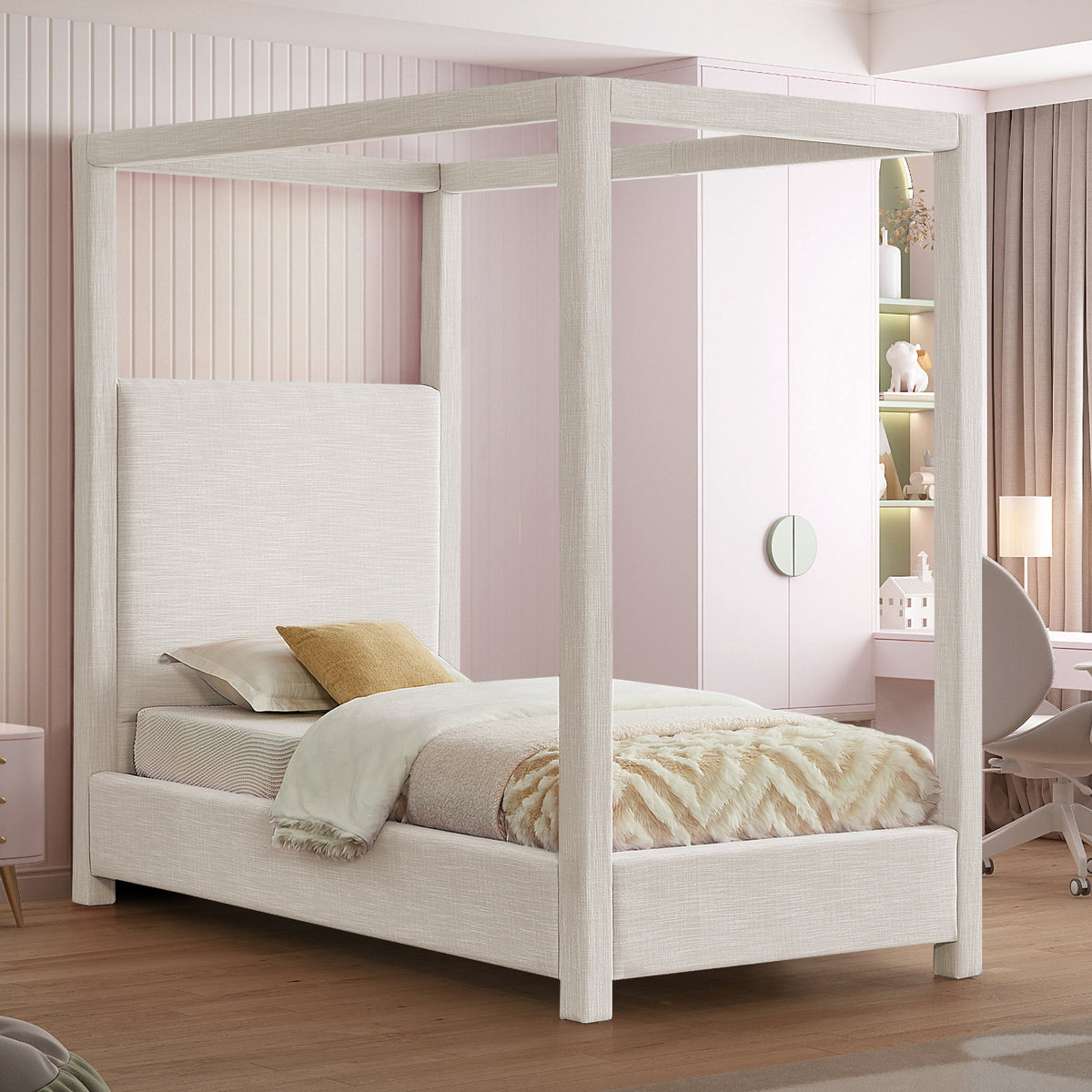 Emerson Cream Linen Textured Fabric Upholstered Bed
