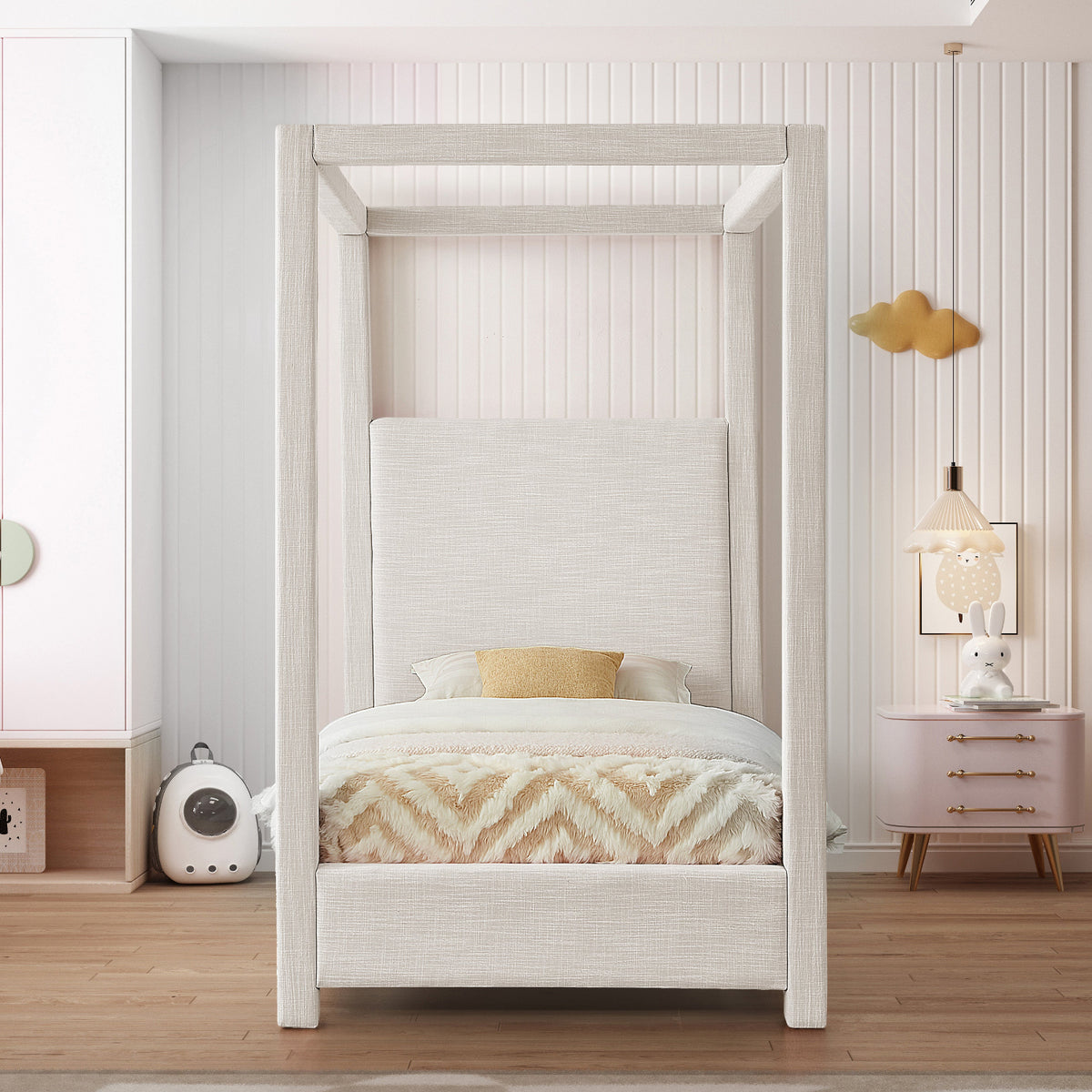 Emerson Cream Linen Textured Fabric Upholstered Bed