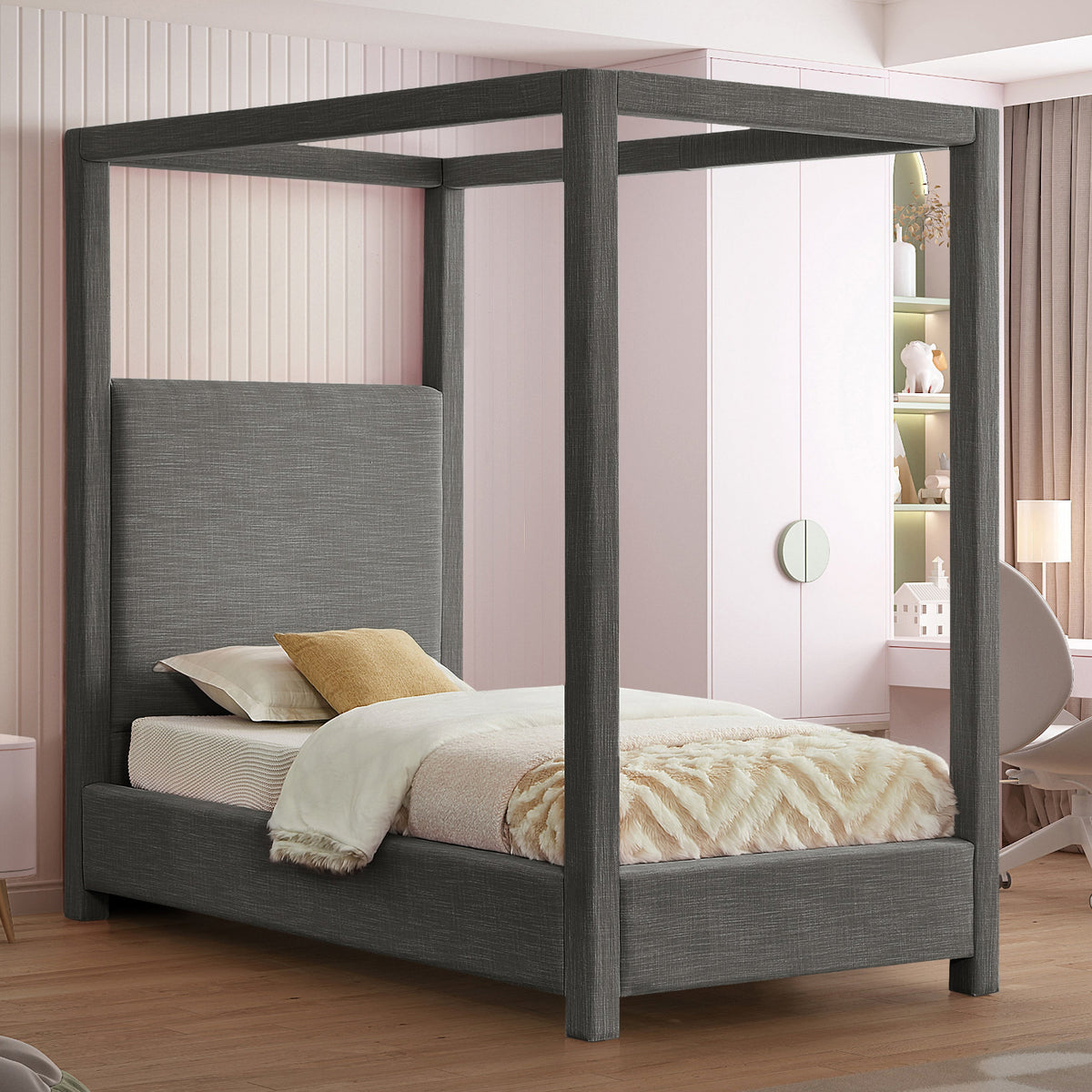 Emerson Grey Linen Textured Fabric Upholstered Bed