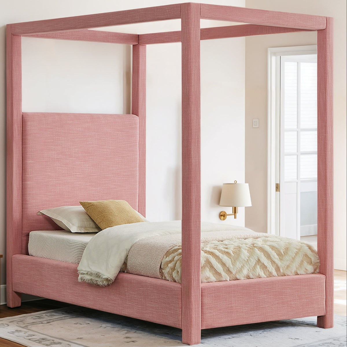 Emerson Pink Linen Textured Fabric Upholstered Bed