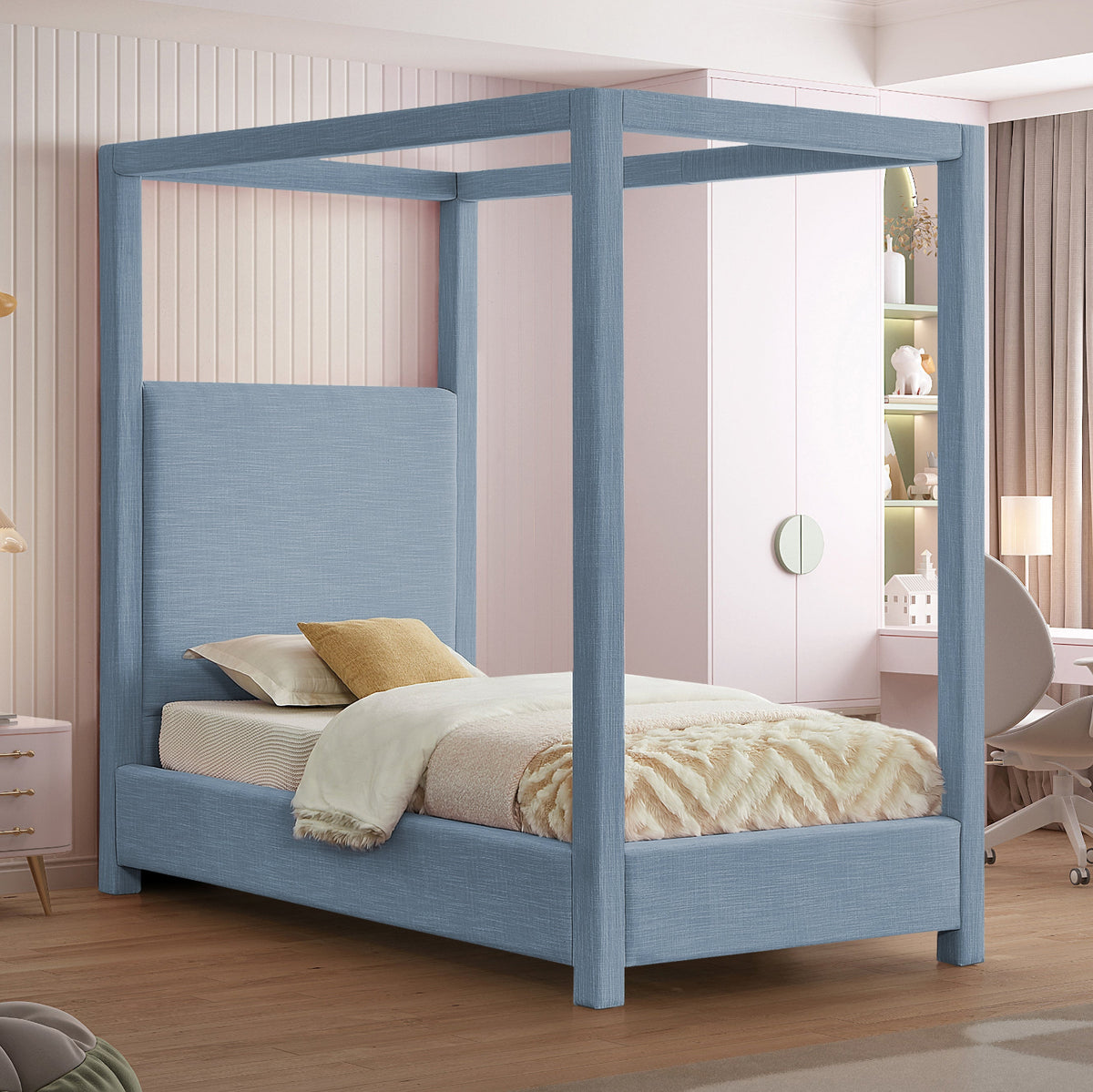 Emerson Sky Blue Linen Textured Fabric Upholstered Bed