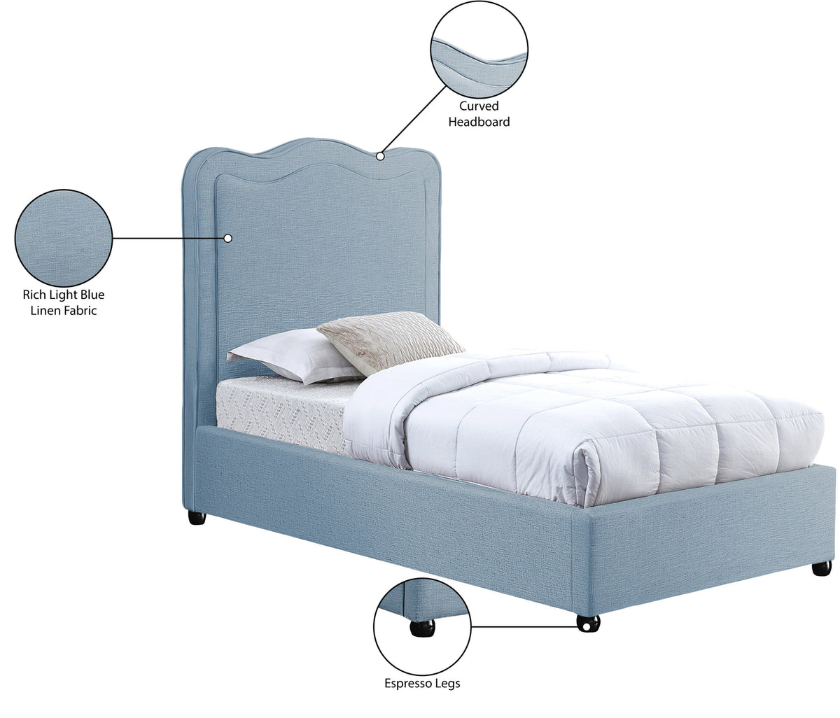 Felix Light Blue Linen Textured Fabric Upholstered Bed