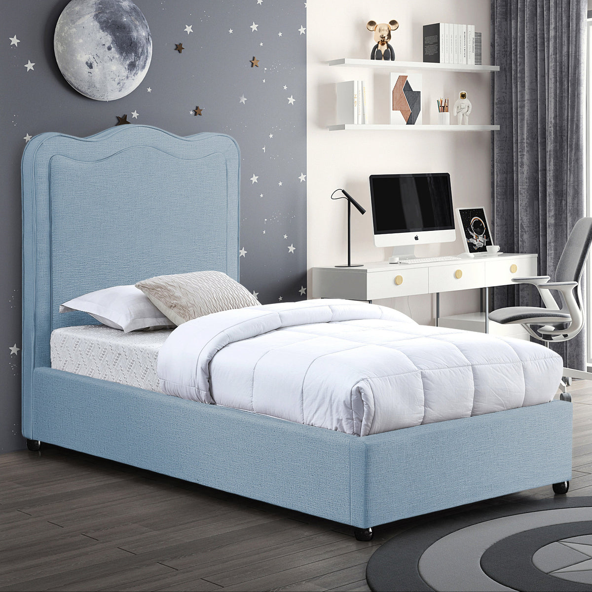 Felix Light Blue Linen Textured Fabric Upholstered Bed