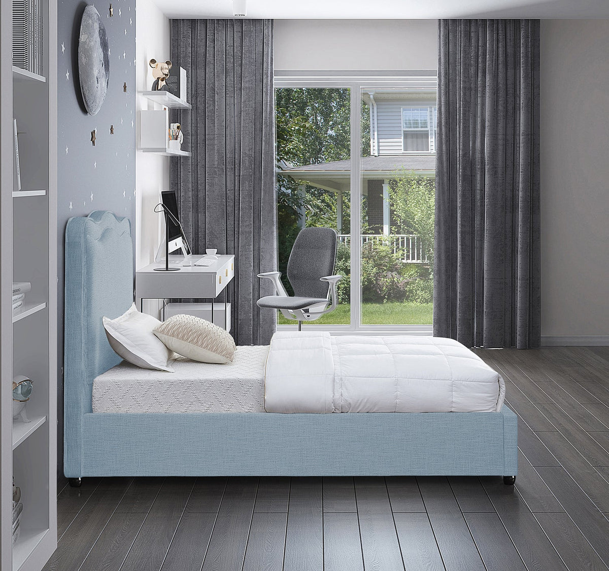 Felix Light Blue Linen Textured Fabric Upholstered Bed