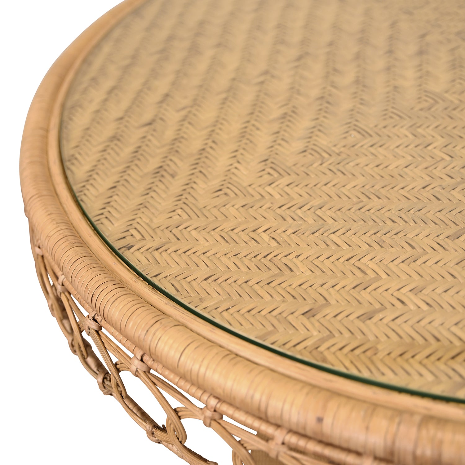 Close-up of the natural rattan finish on the Gabrielle 40 Pedestal Dining Table