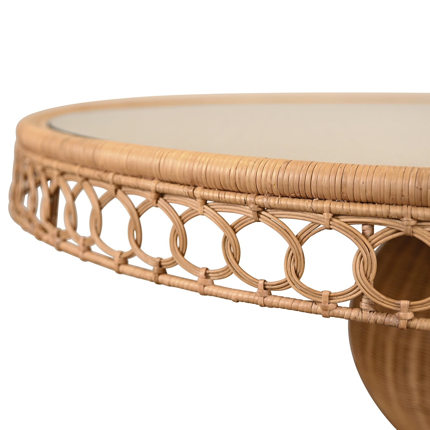 Close-up of the natural rattan finish on the Gabrielle 60 Pedestal Dining Table