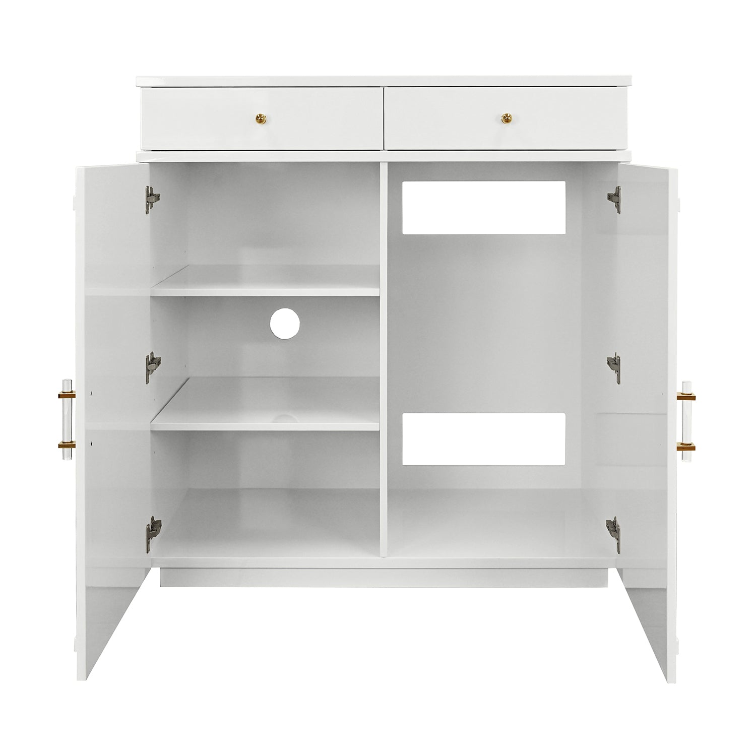 Detail of the Glenn White Two Door Cabinet hardware and craftsmanship