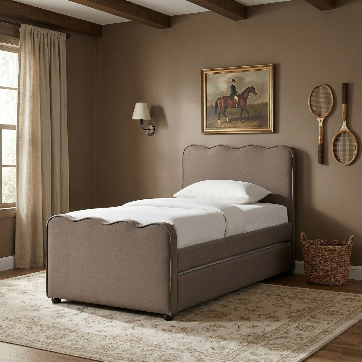 Gatsby Taupe Mohair Velvet Upholstered Twin Trundle Bed
