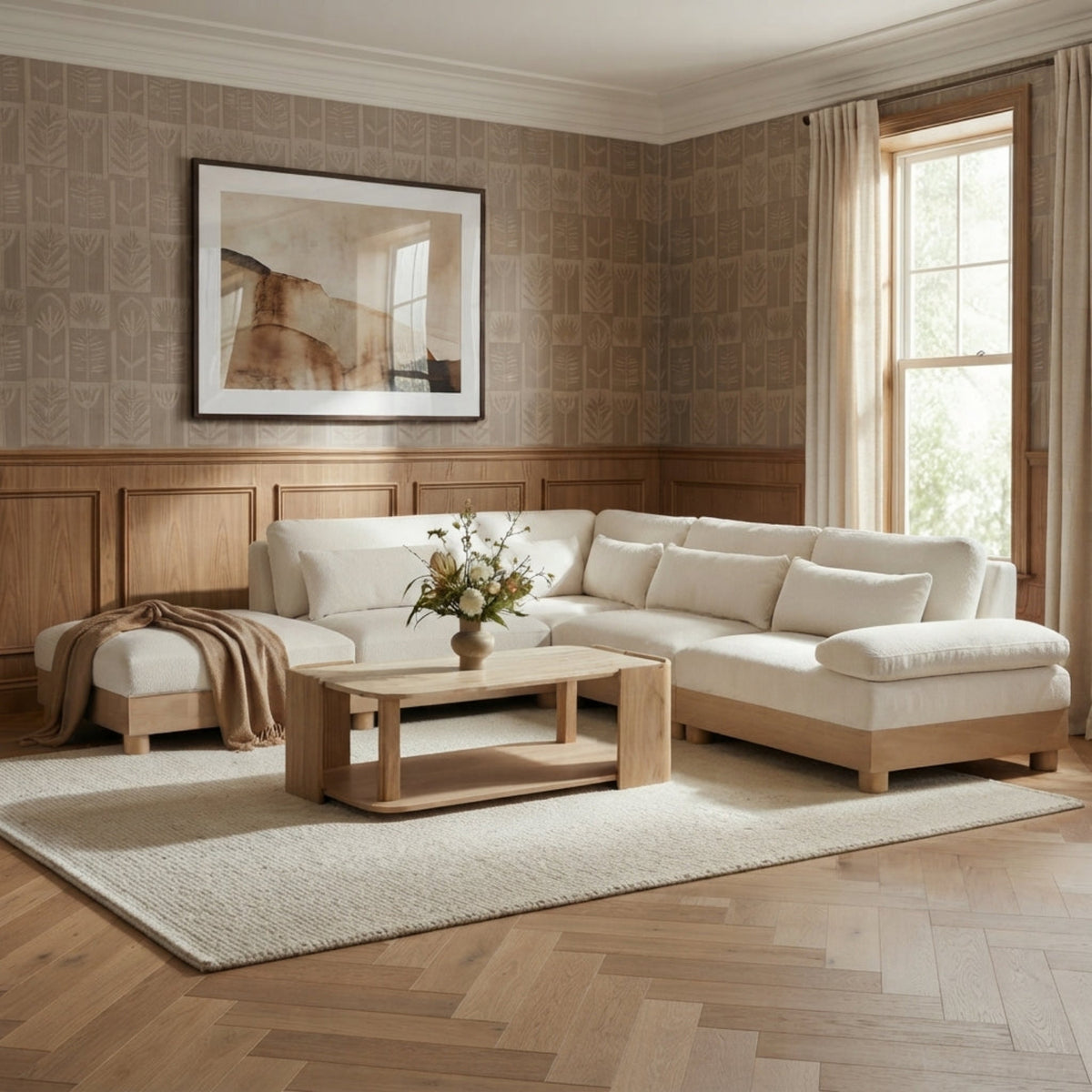 Turin 127.75in Cream Chenille Fabric Upholstered 5 Piece Modular Sectional Sofa