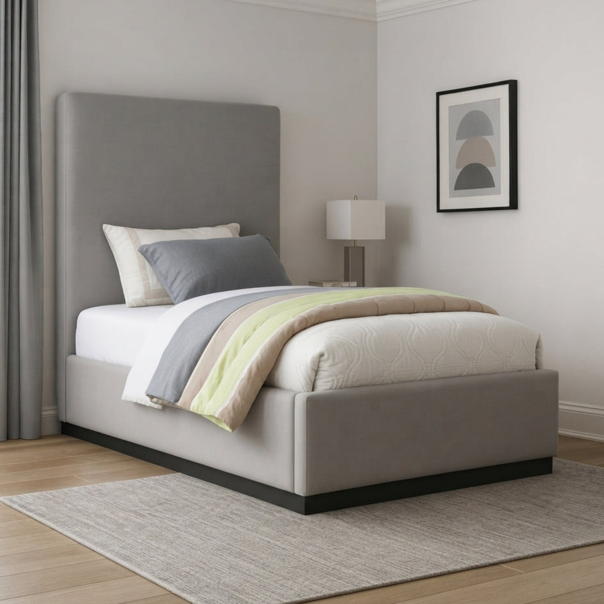 Alfie Grey Linen Textured Fabric Upholstered Bed