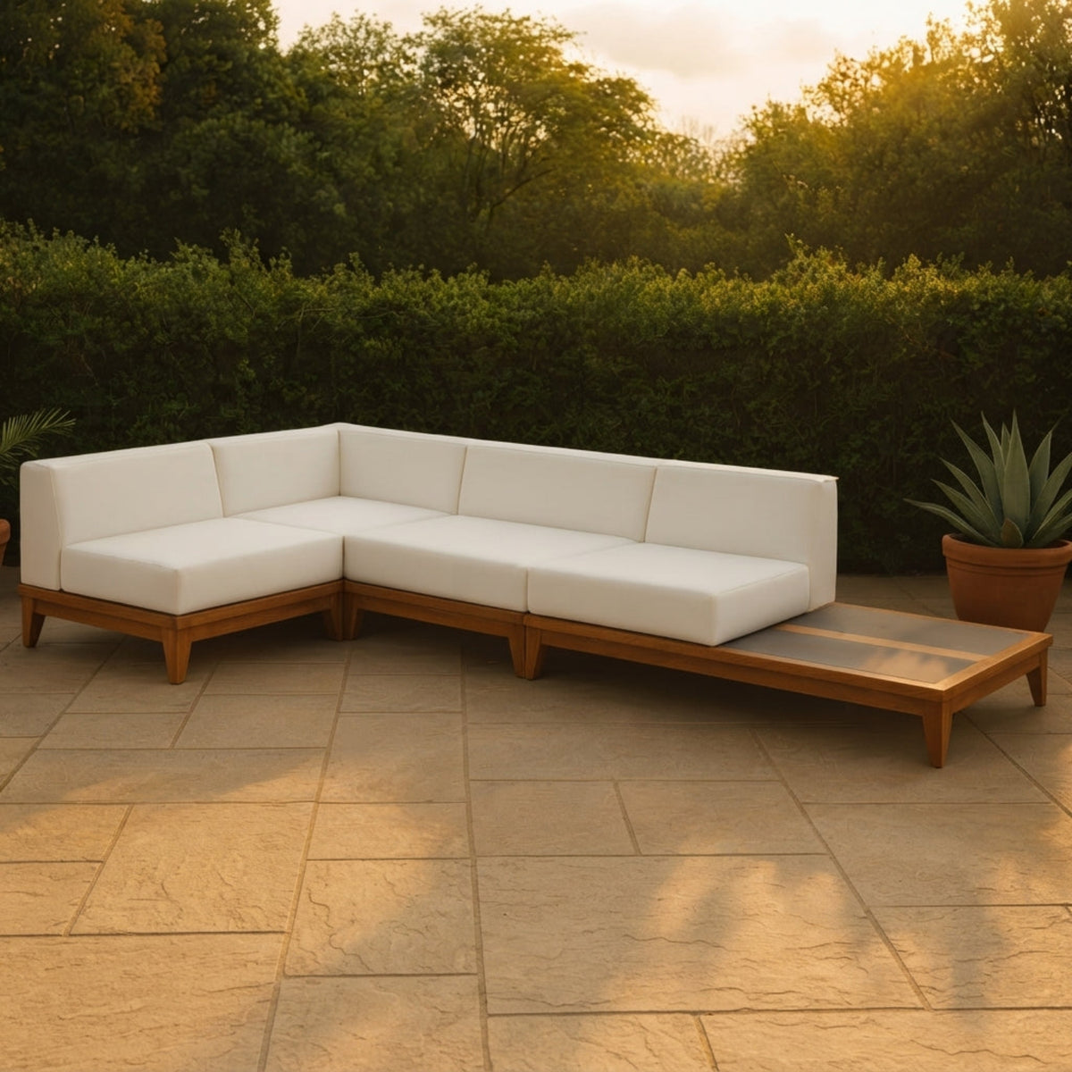Rio 128.5in Off White Water Resistant Fabric Upholstered 4 Piece Patio Modular Sectional Sofa