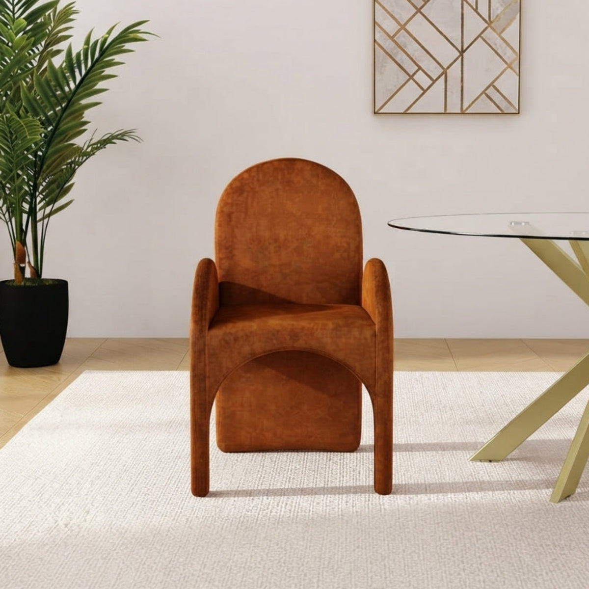 Summer Cognac Velvet Upholstered Dining Arm Chair Set of 2