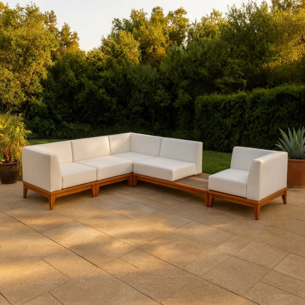 Rio 125in Off White Water Resistant Fabric Upholstered 5 Piece Patio Modular Sectional Sofa