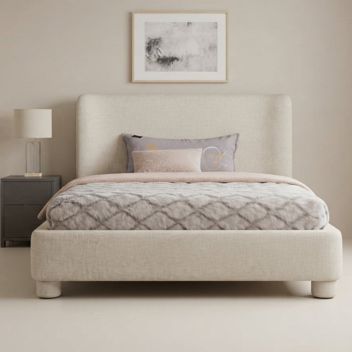 Penny Cream Chenille Fabric Upholstered Bed