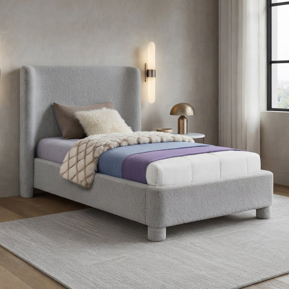 Penny Grey Boucle Fabric Upholstered Bed