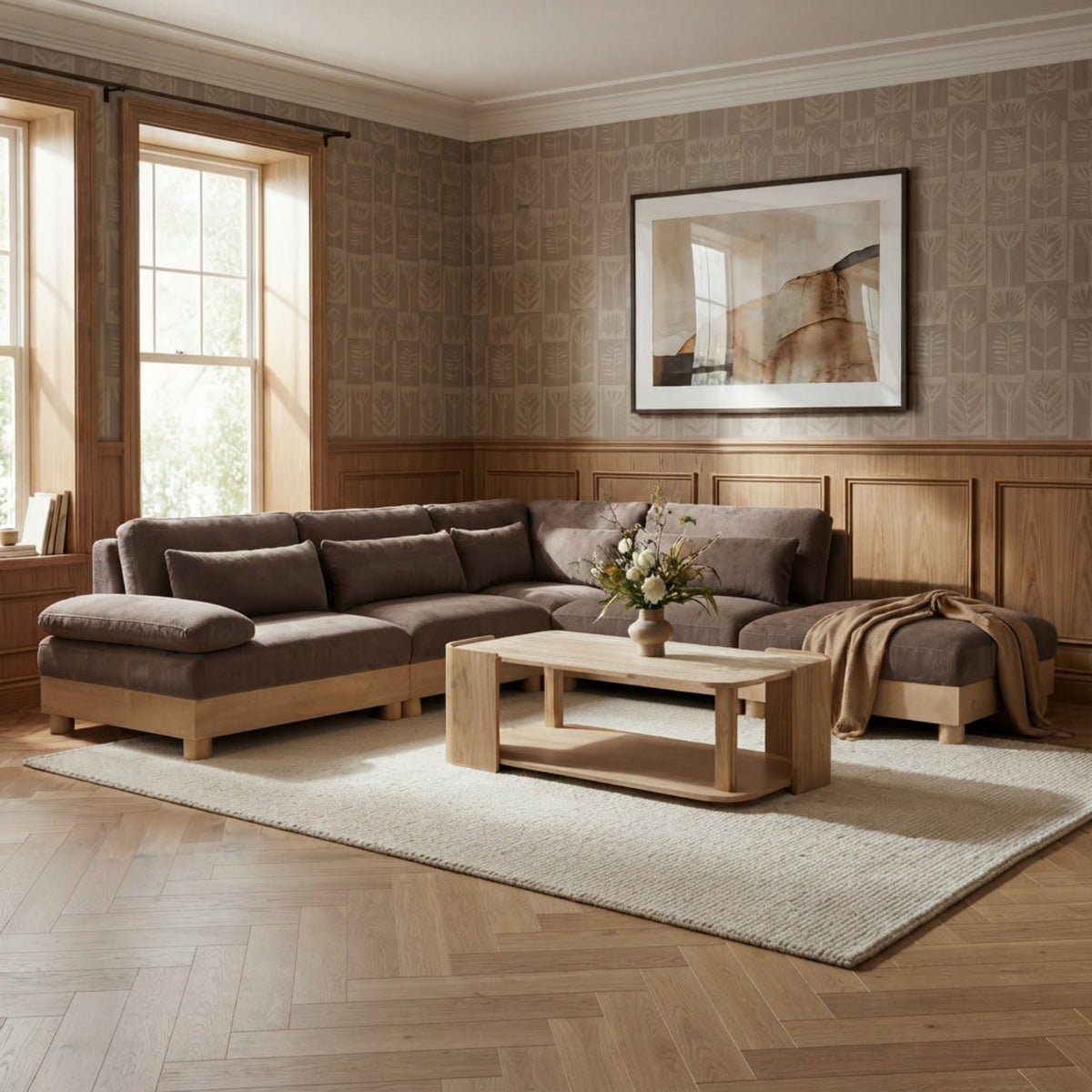 Turin 120in Brown Chenille Fabric Upholstered 5 Piece Modular Sectional Sofa