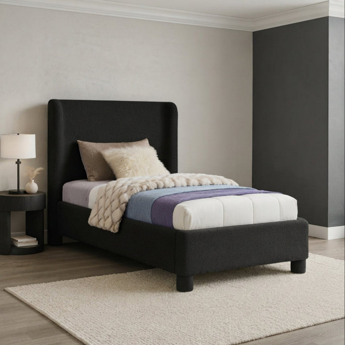 Penny Black Boucle Fabric Upholstered Bed