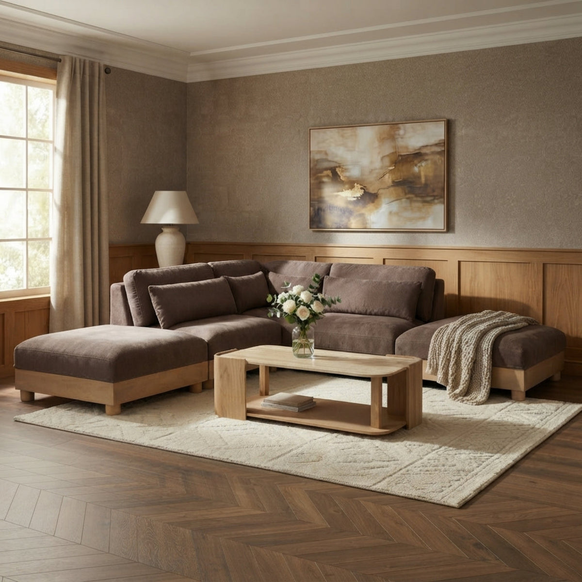 Turin 120in Brown Chenille Fabric Upholstered 5 Piece Modular Sectional Sofa