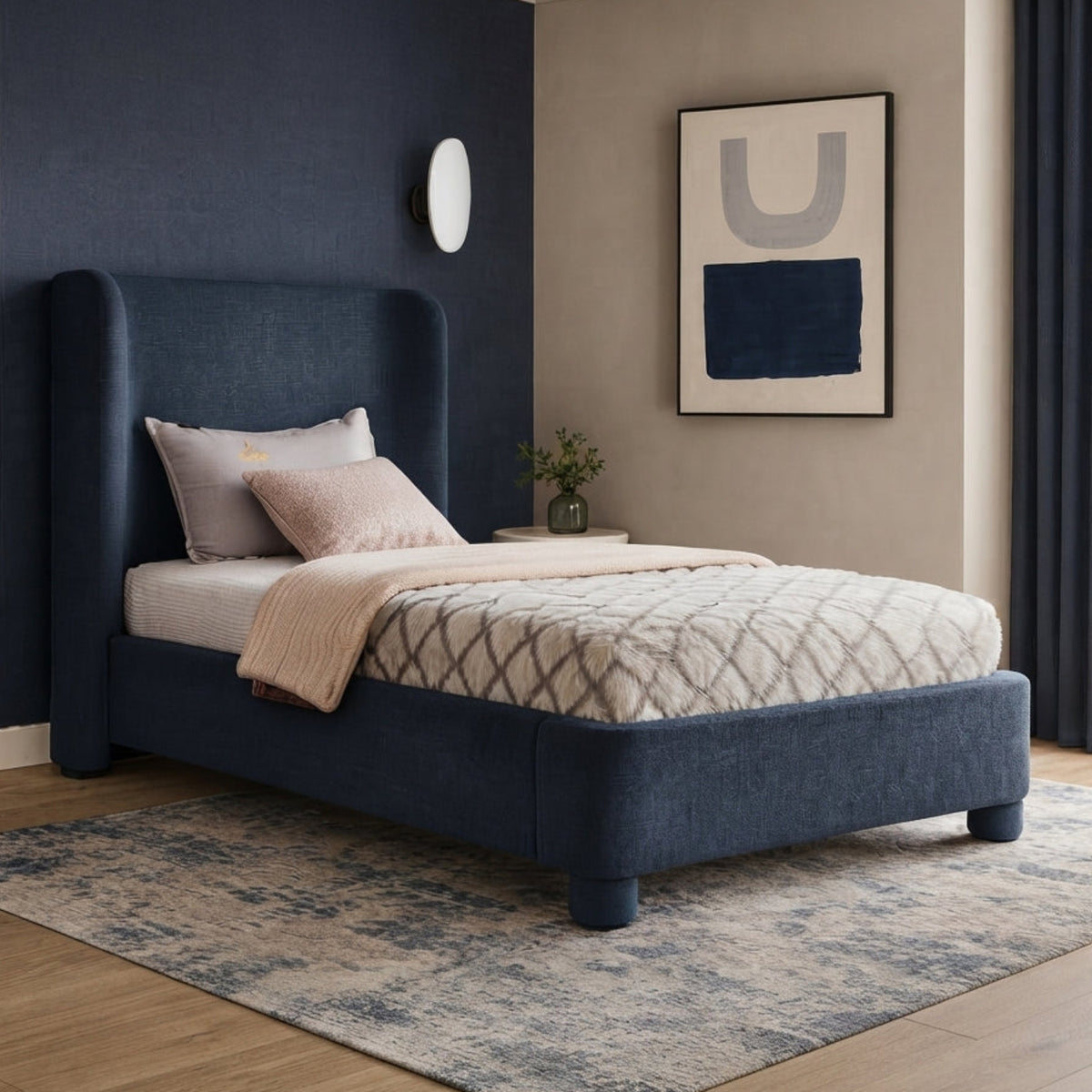 Penny Navy Chenille Fabric Upholstered Bed