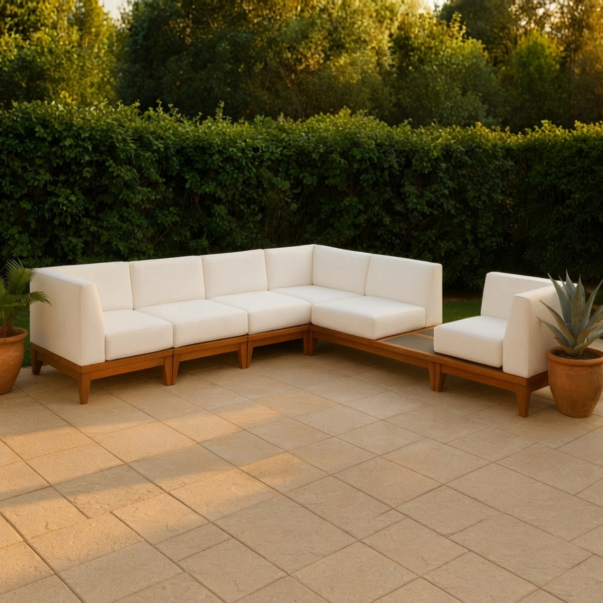 Rio 131in Off White Water Resistant Fabric Upholstered 6 Piece Patio Modular Sectional Sofa