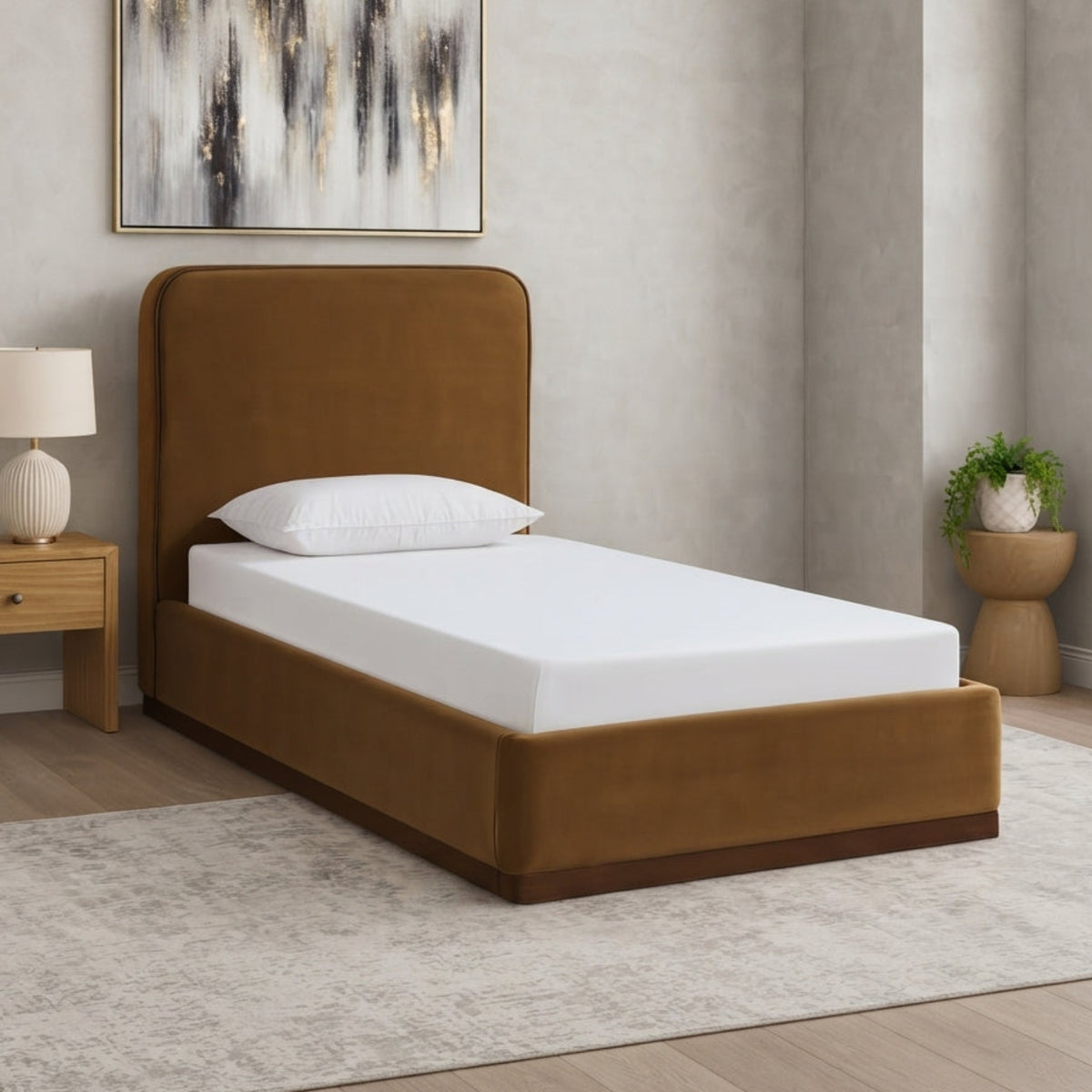 Rava Saddle Brown Velvet Upholstered Bed