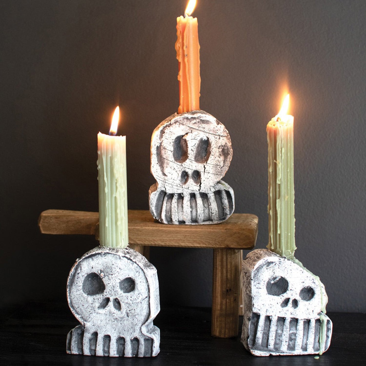 Halloween Skull Taper Candle Holder Set of 3