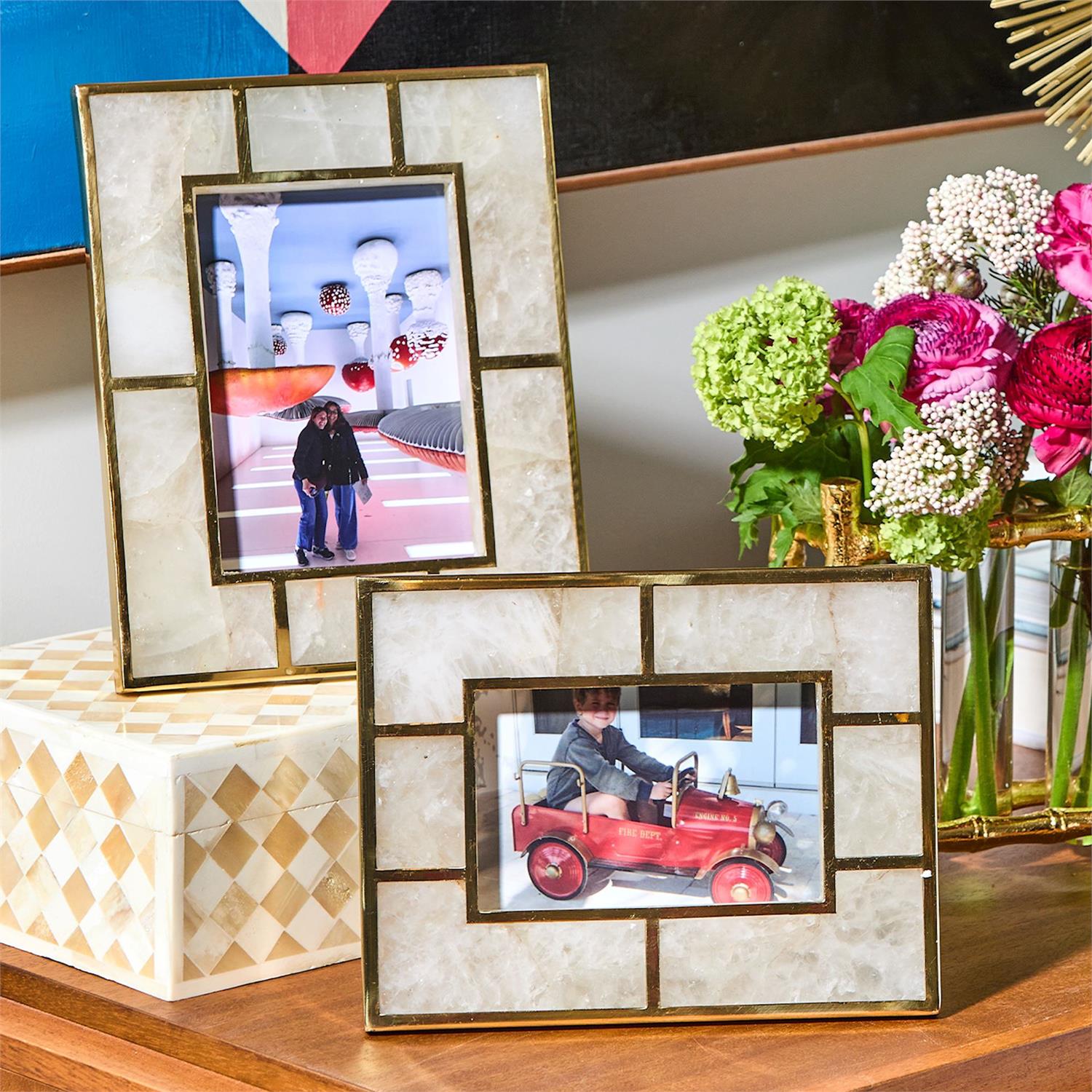 White Quartz and Brass Photo Frame Set of 2