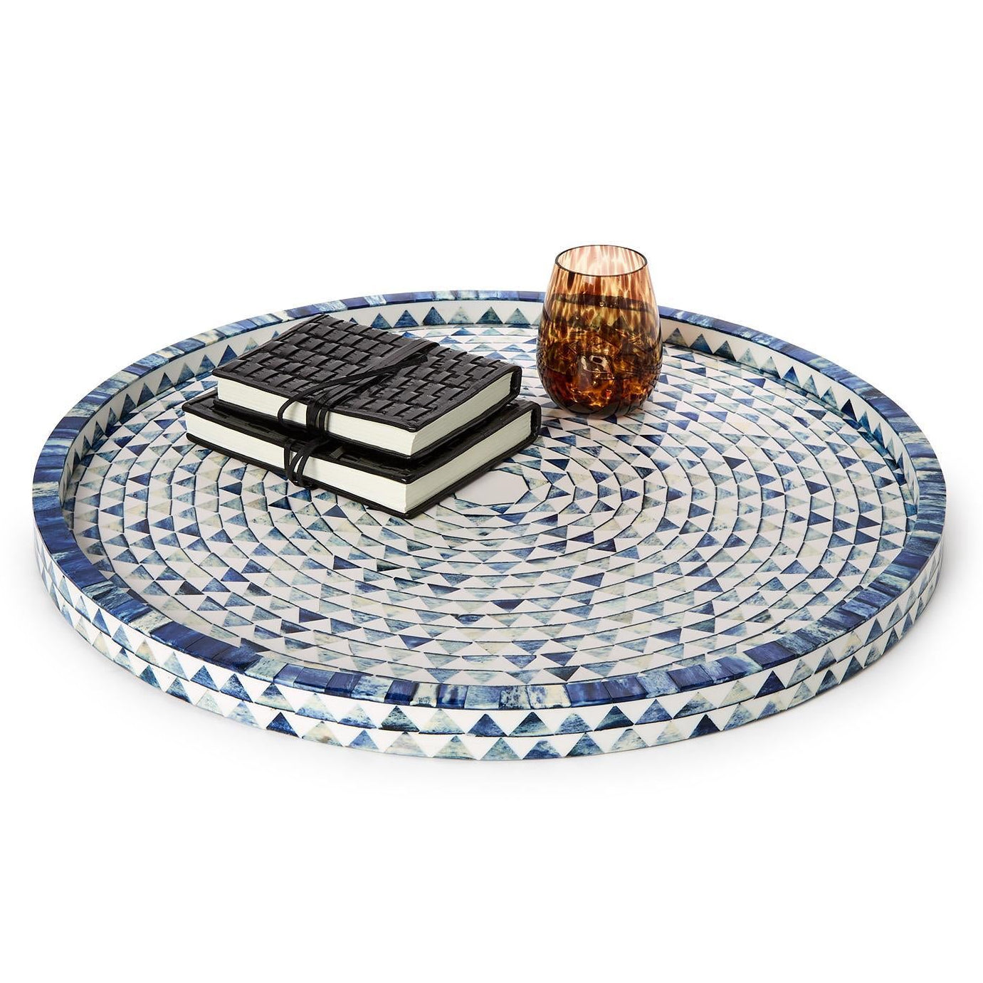 Blue and White Triangle Inlaid Decorative Round Serving Tray