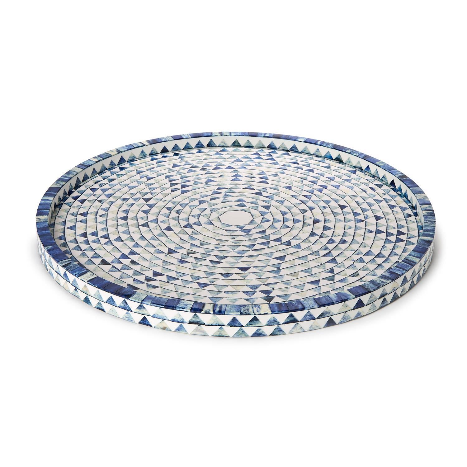 Blue and White Triangle Inlaid Decorative Round Serving Tray