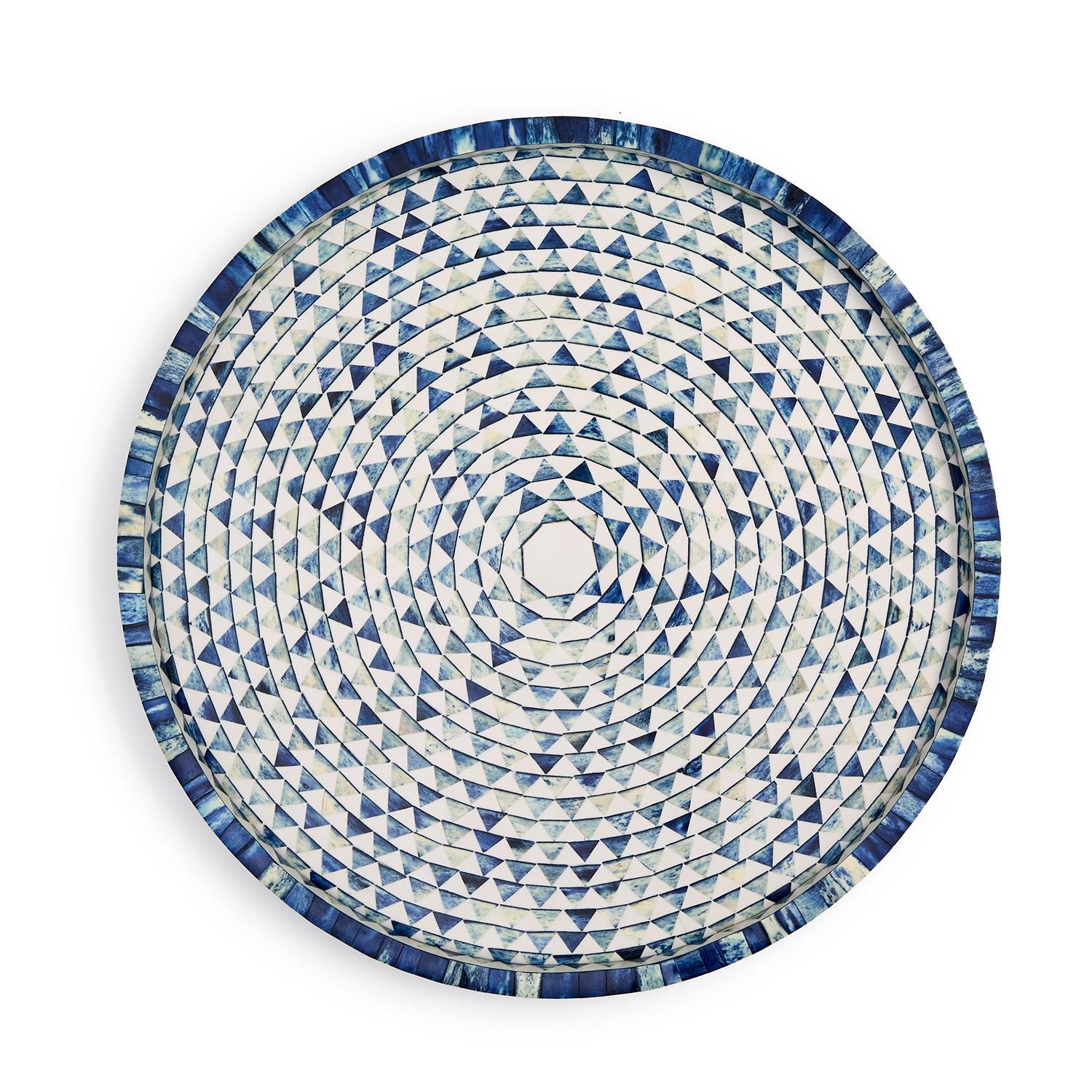 Blue and White Triangle Inlaid Decorative Round Serving Tray