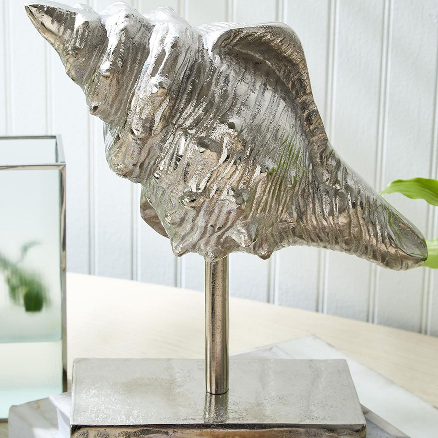 Antiqued Silver Conch Shell Sculpture on Stand