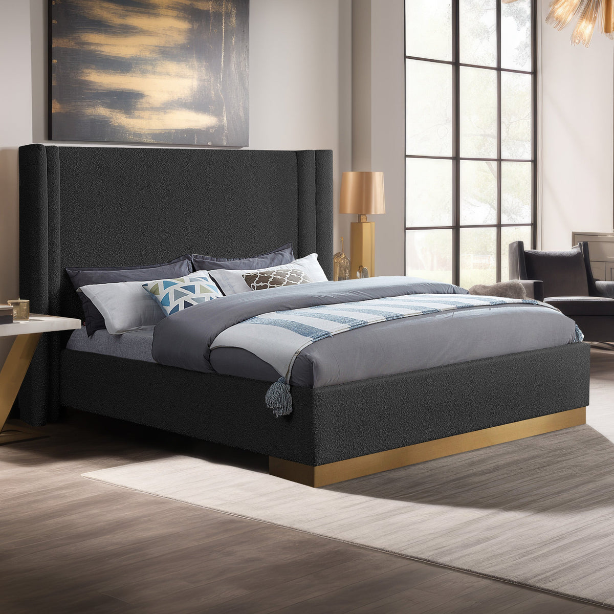 Halton Black Boucle Fabric Upholstered Bed