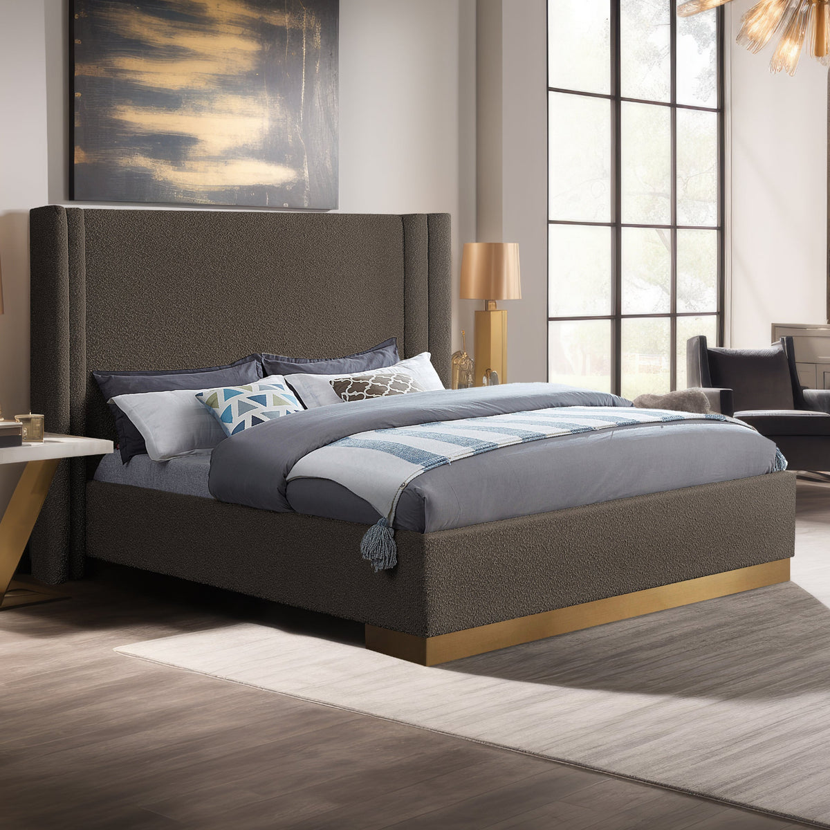 Halton Brown Boucle Fabric Upholstered Bed