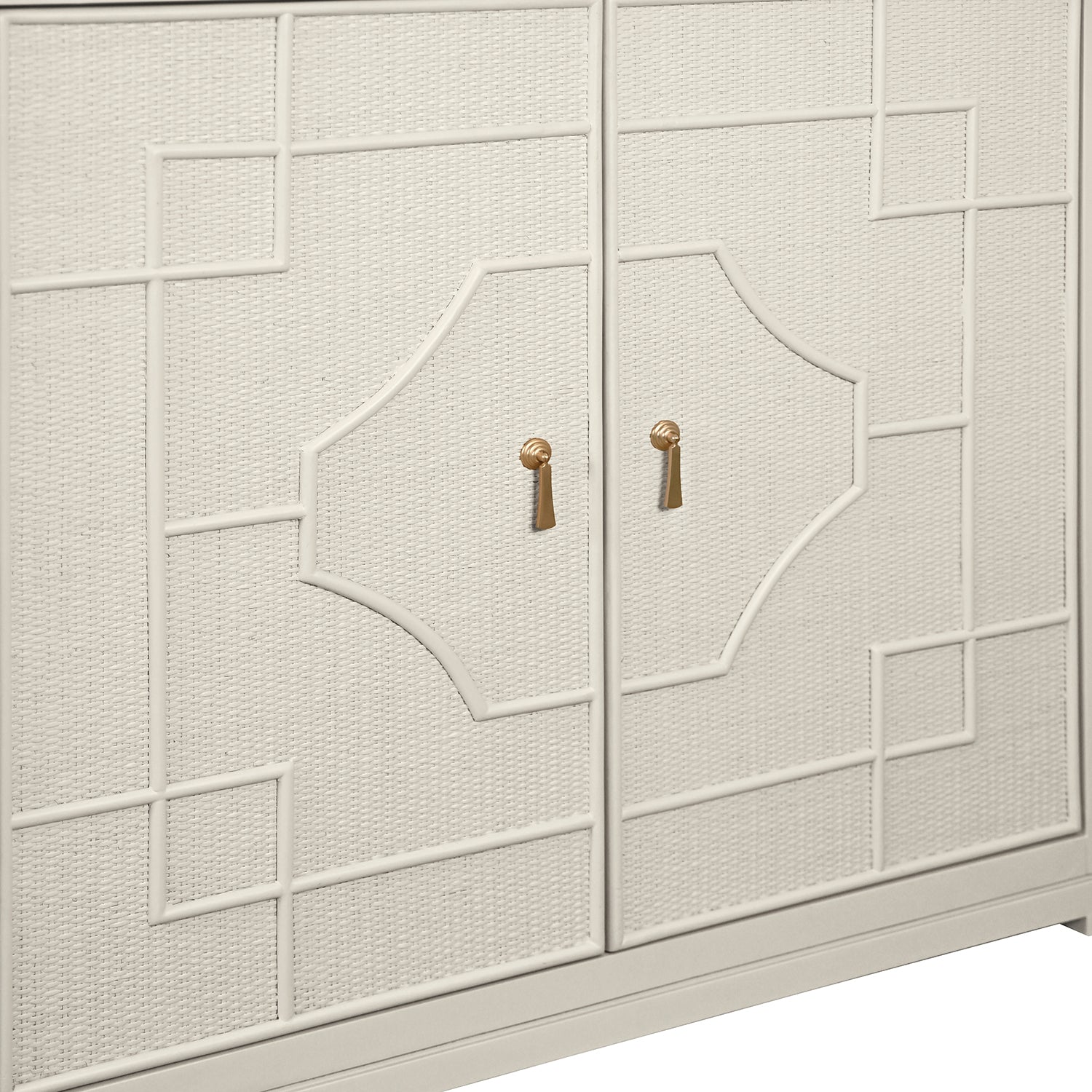 Detail of the Isabel Antique White Two Door Cabinet hardware and craftsmanship