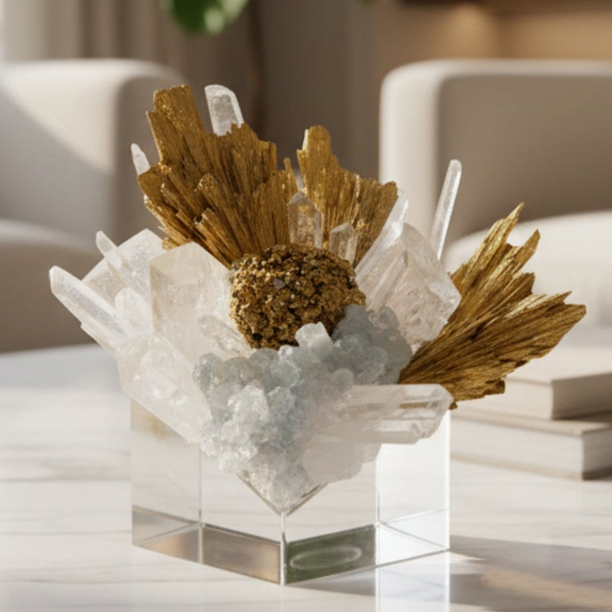 John Richard Stone Cluster in Clear, Yellow Quartz, and Gold