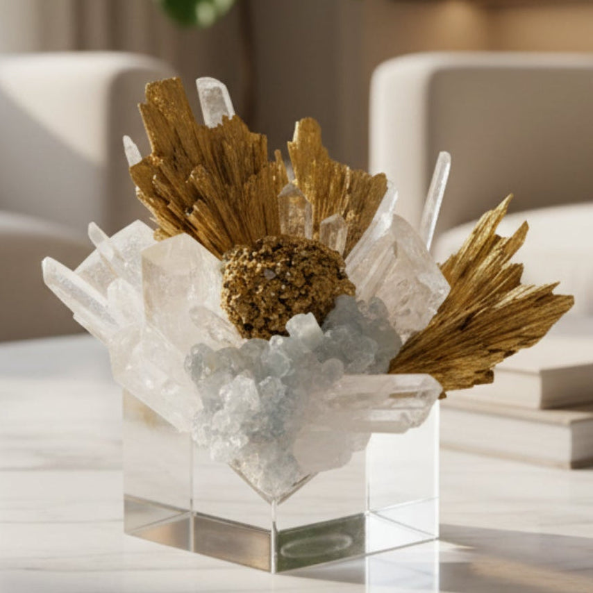 John Richard Stone Cluster in Clear, Yellow Quartz, and Gold — in Gold finish