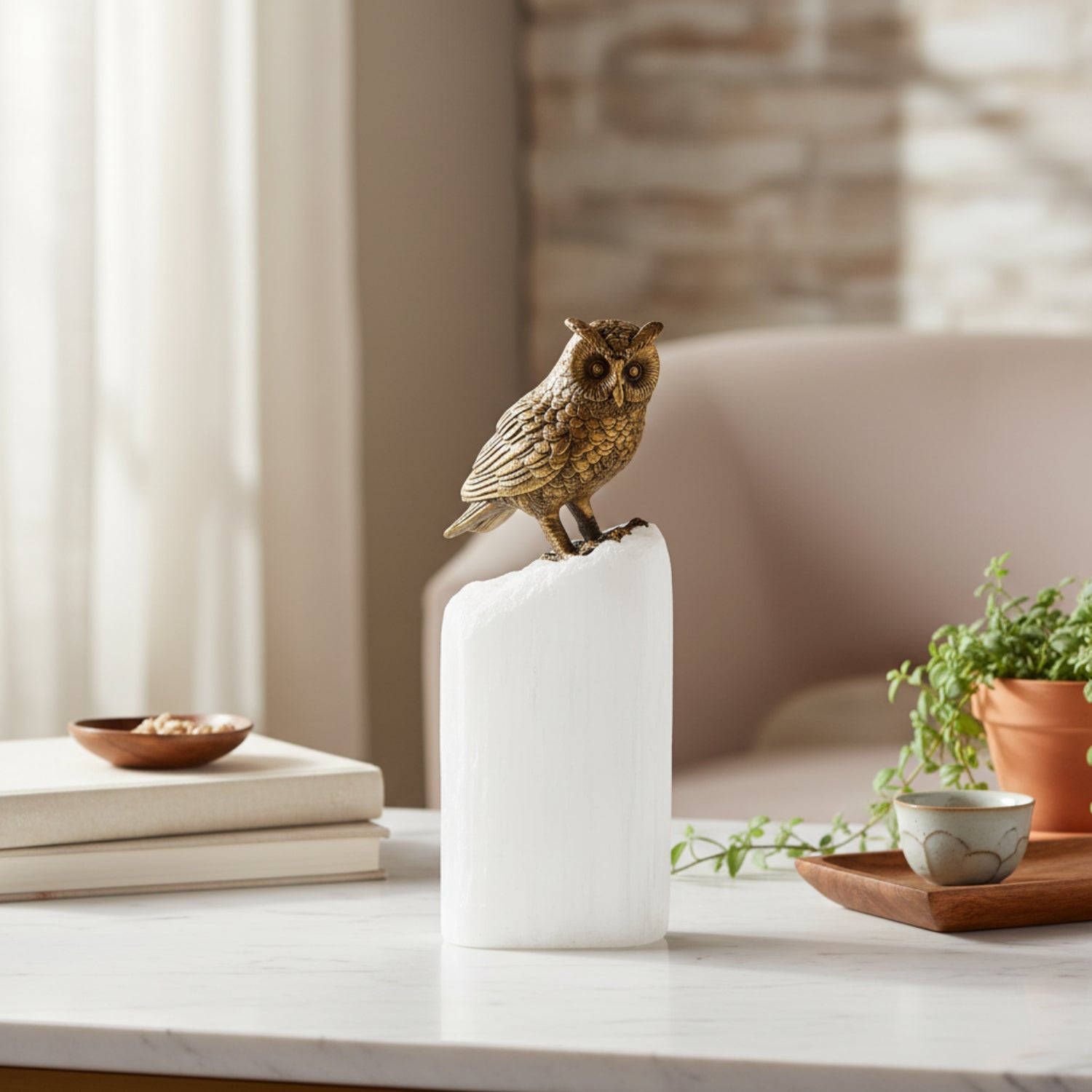 John Richard Brass Owl Sculpture on Selenite