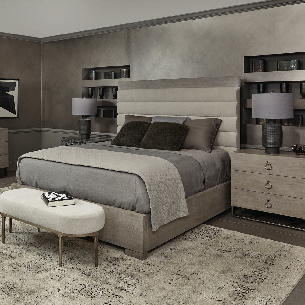Bernhardt Linea Cerused Greige Upholstered Panel Bed