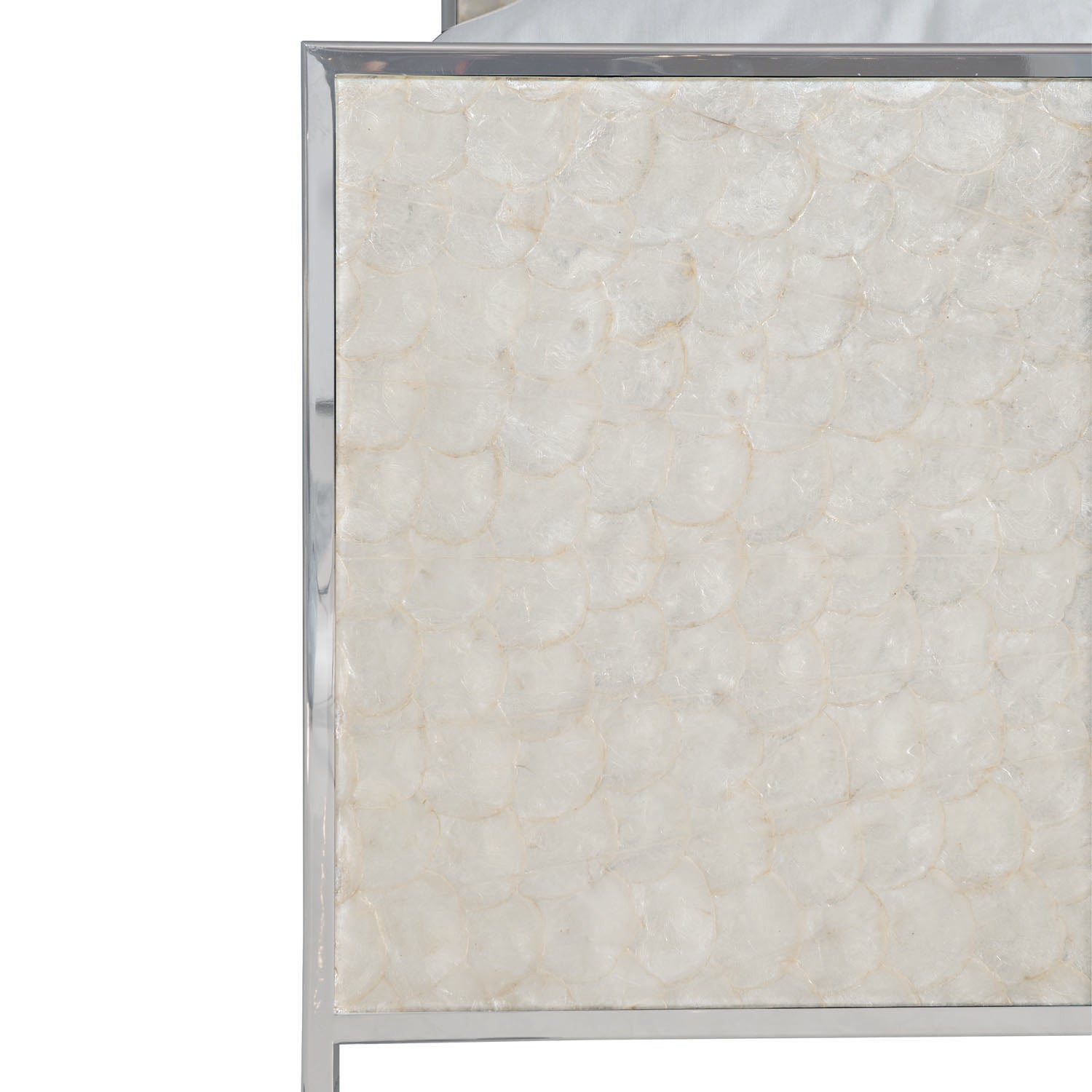 Bernhardt Helios King Capiz Shell Panel Bed in Pure white finish, shown to scale