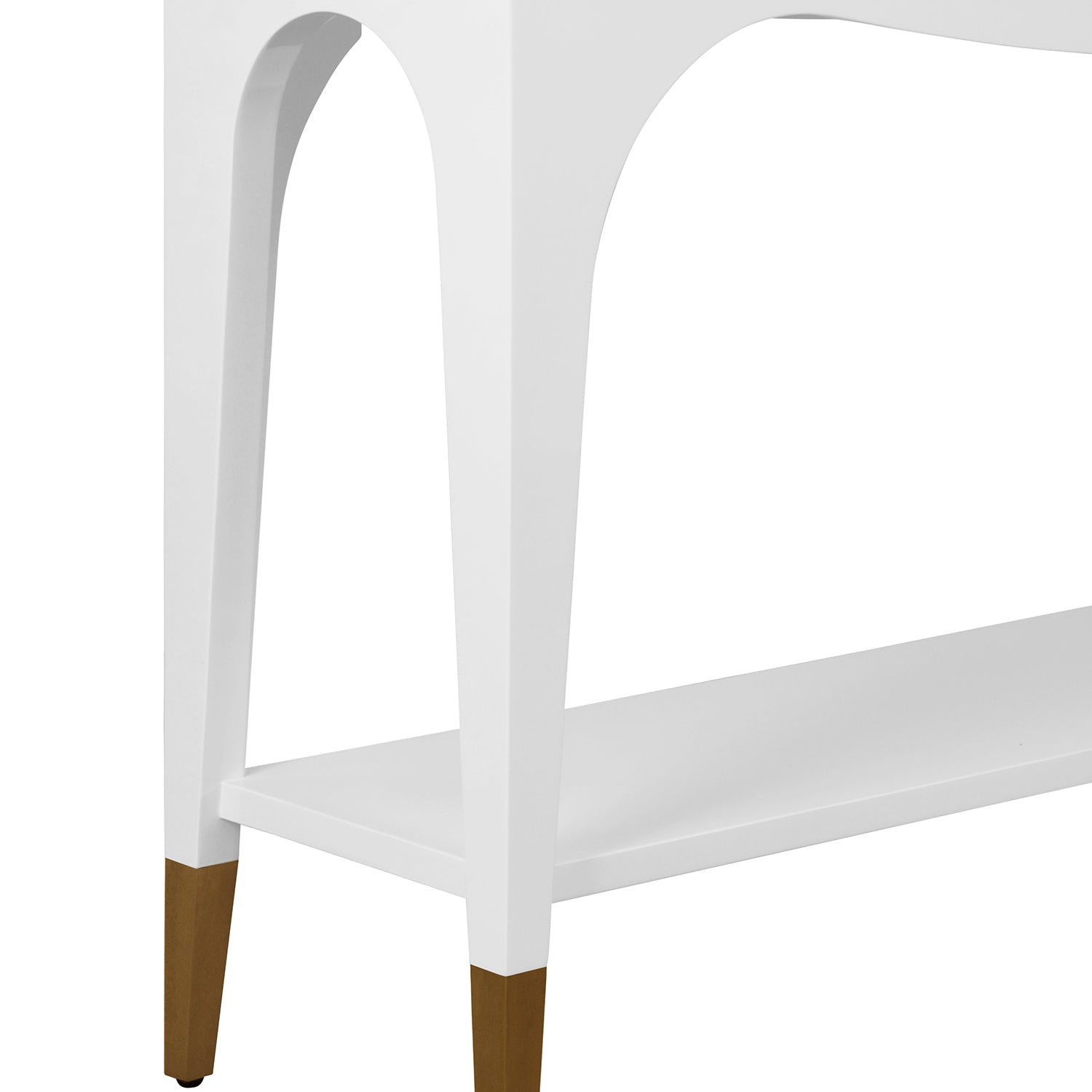 Close-up of the white wood finish on the Laverne White Console Table