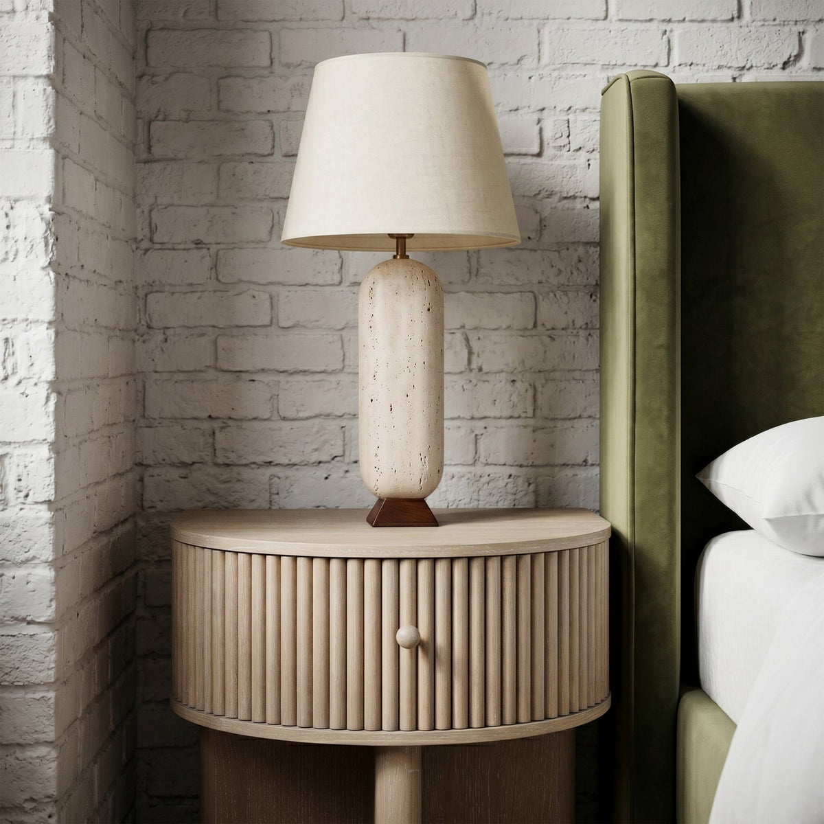 Solis Travertine Walnut Natural Travertine And Walnut Wood Base With Linen Textured Fabric Shade Table Lamp
