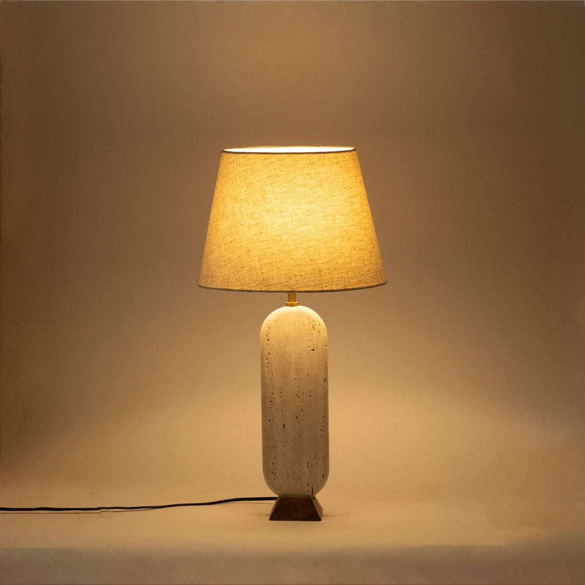 Solis Travertine Walnut Natural Travertine And Walnut Wood Base With Linen Textured Fabric Shade Table Lamp