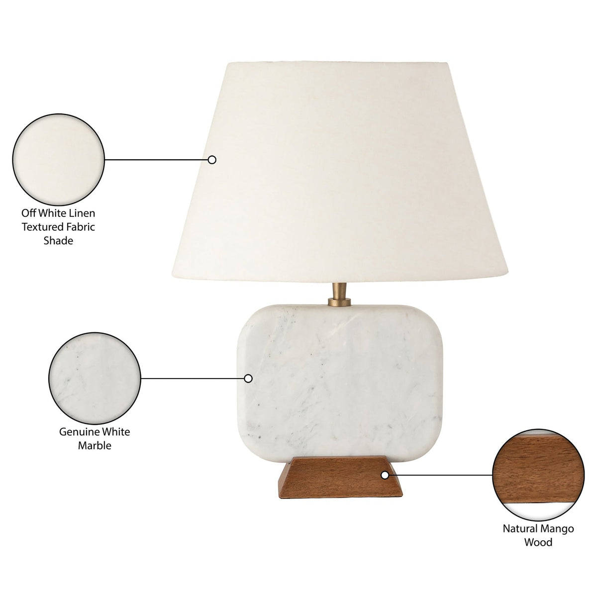 Solis Off White Natural Genuine Marble And Mango Wood Base With Linen Textured Fabric Shade Table Lamp