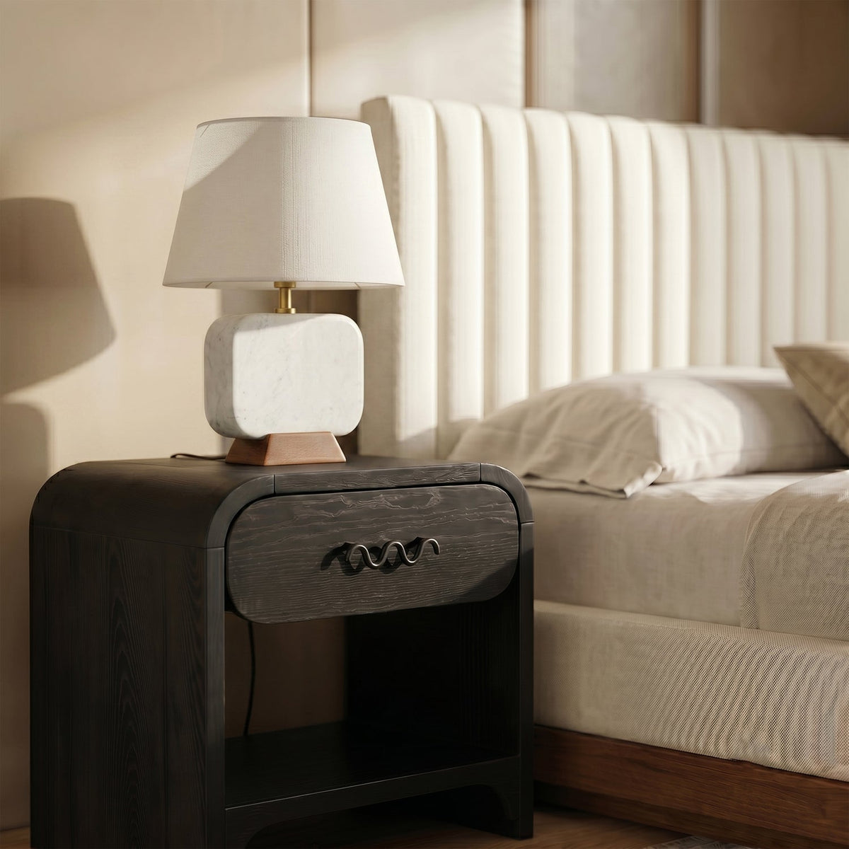 Solis Off White Natural Genuine Marble And Mango Wood Base With Linen Textured Fabric Shade Table Lamp