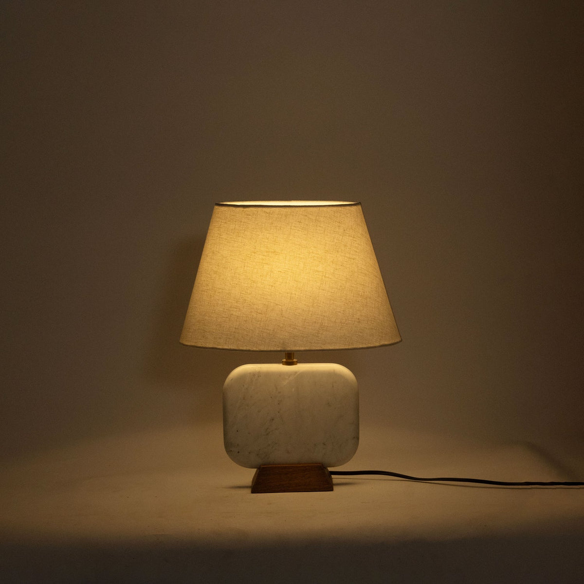 Solis Off White Natural Genuine Marble And Mango Wood Base With Linen Textured Fabric Shade Table Lamp