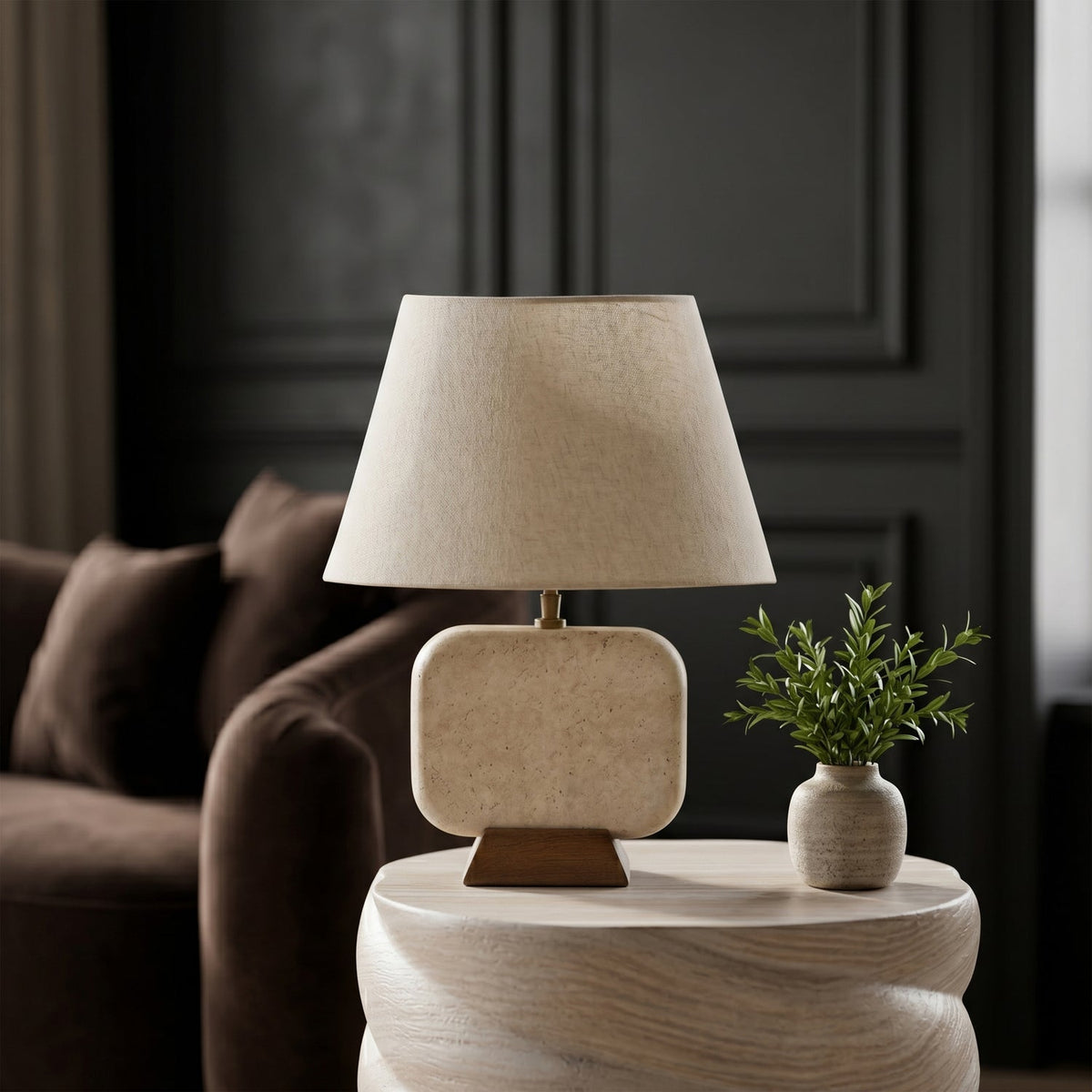 Solis Travertine Walnut Natural Travertine And Mango Wood Base With Linen Textured Fabric Shade Table Lamp